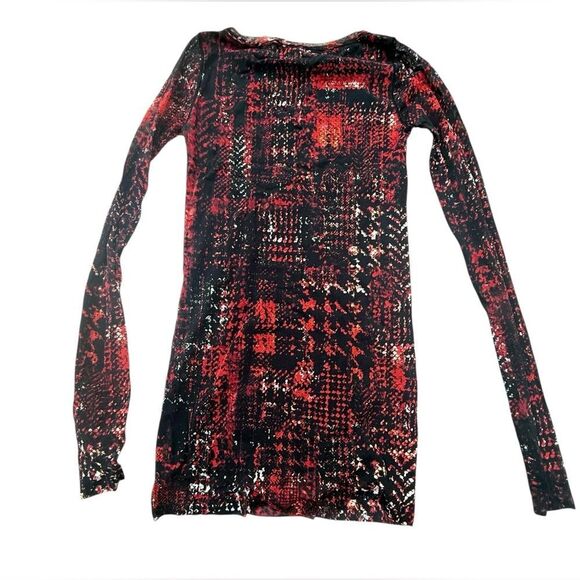 Fuzzi red black abstract plaid bodycon semi sheer stretch dress size large NWT - Picture 3 of 5